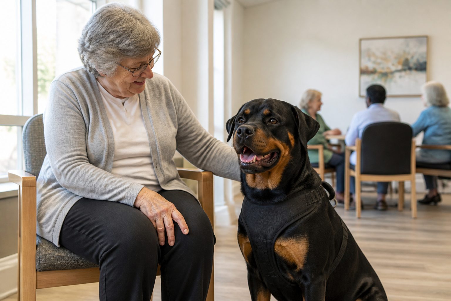 Rottweiler therapy dog comforting an older adult in a community room