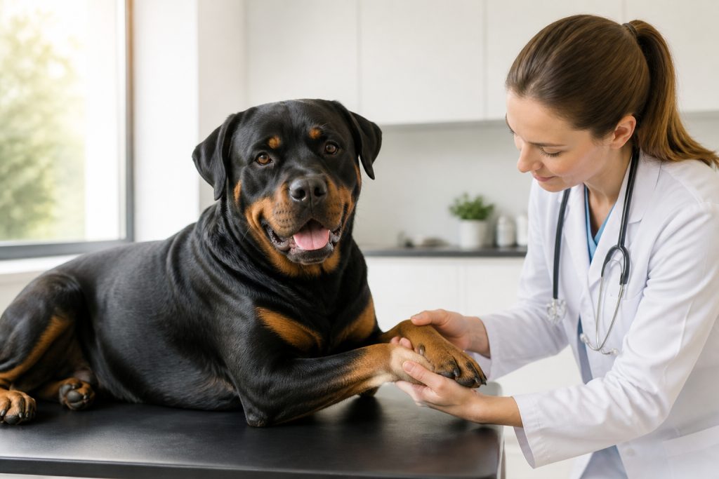 Rottweiler Osteosarcoma: Early Signs of Bone Cancer Owners Should Know 2 Veterinarian examining a Rottweiler's front leg for signs of bone pain