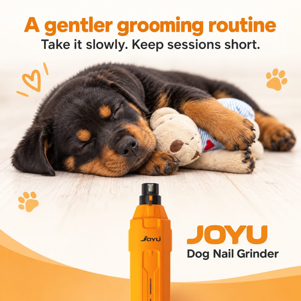 Dog Nail Grinder 32 Sleeping Rottweiler puppy with JOYU dog nail grinder, illustrated grooming promotion